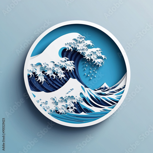 Japanese great wave ocean in in the rounded frame. japan wave oecean art for interior decoration, 3D paper art photo