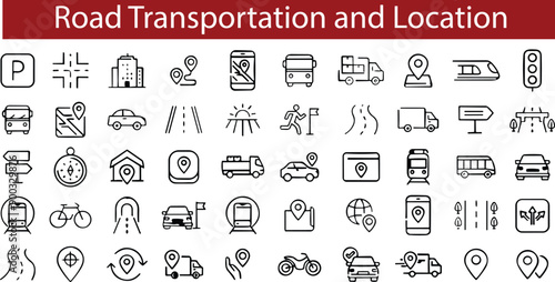 Transportation Thin Line Icons set. Road icons. Address, transport , car, Bus, bicycle, train, Location Map, destination, place, navigation, point, GPS, distance.