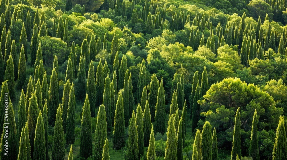 Fototapeta premium Cypress (Cupressus): Evergreen conifers with scale-like leaves and woody cones, cypresses thrive in warm climates and are known for their aromatic, fragrant wood. 
