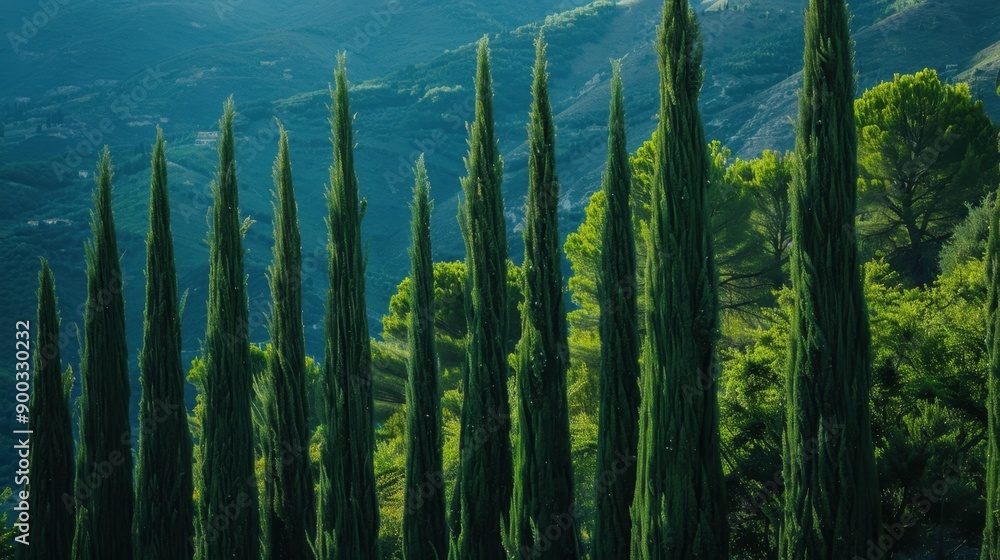 Obraz premium Cypress (Cupressus): Evergreen cypresses, with their scale-like leaves and woody cones, are prevalent in warm areas and prized for their aromatic wood. 