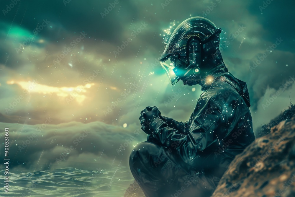 Fototapeta premium Futuristic Man Contemplating the Future.