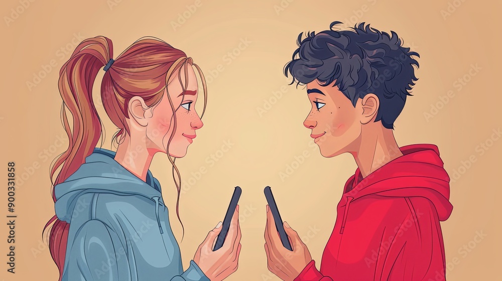 vector, illustration, Smartphone with male and female profiles. Friends chatting. New generation. The concept of social networks, virtual relationships. Friends chatting and texting. Vector illustrati vector, illustration, Smartphone with male and female profiles. Friends chatting. New generation. The concept of social networks, virtual relationships. Friends chatting and texting. Vector illustrati