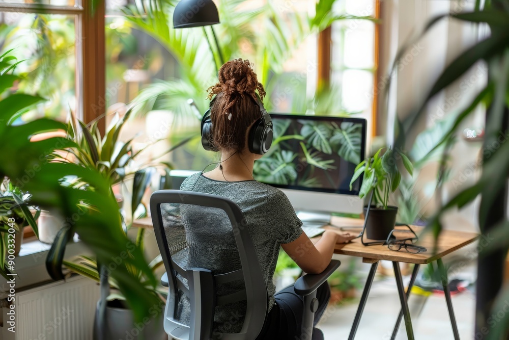 Woman working from home with headphones on. Woman working from home with headphones on.