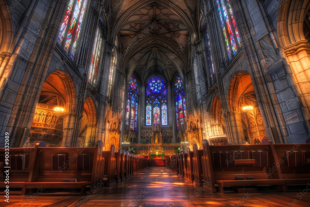 Church Interior with Stained Glass Windows. Church Interior with Stained Glass Windows.