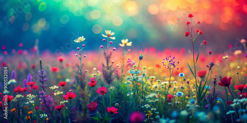 A vibrant field of various wildflowers blooms under a dreamy, colorful sky with soft bokeh effects that create a whimsical mood. Warm and cold shades are mixed with each other. AI generated. © Viola
