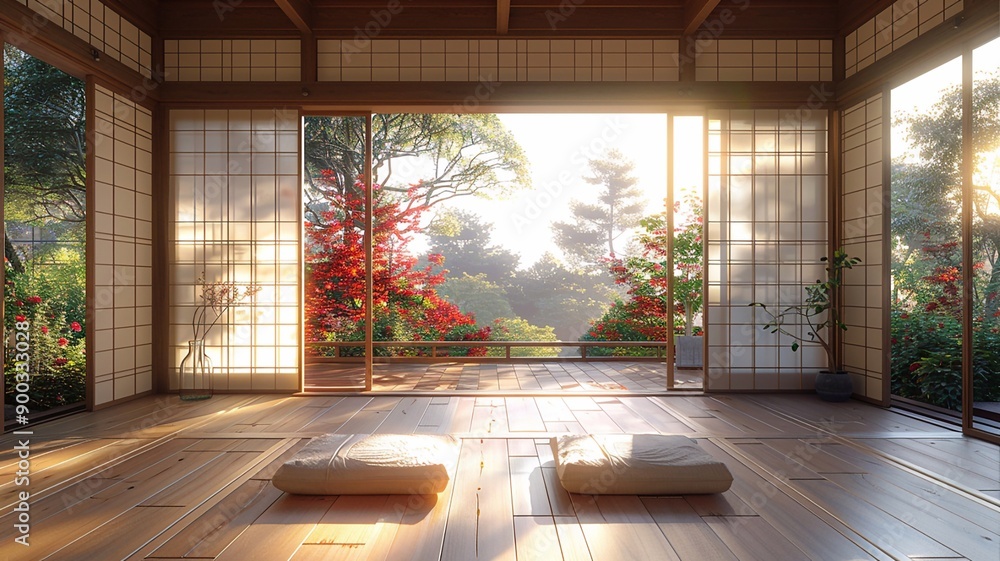 3D rendering of a clean Japanese wooden room, high resolution, white interior 3D rendering of a clean Japanese wooden room, high resolution, white interior