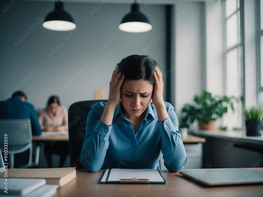 A person in an office environment looking stressed and holding their head, showing the impact of migraines at work. A person in an office environment looking stressed and holding their head, showing the impact of migraines at work.
