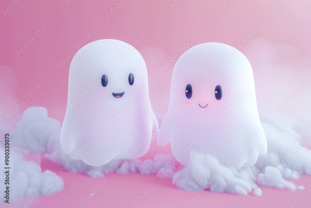 Two translucent figures stand together, dressed in flowing white attire Two translucent figures stand together, dressed in flowing white attire