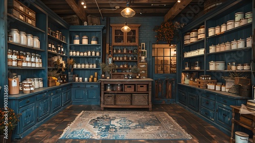 Rustic interior design with shelves of jars and antique furniture.