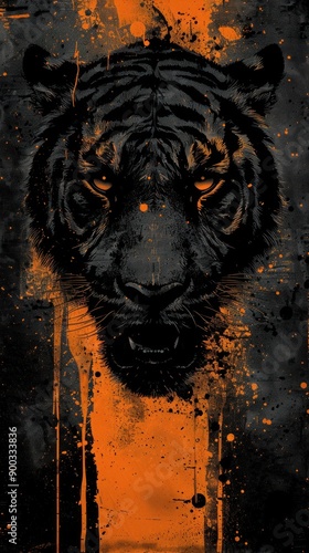 Pportrait of a black tiger with an orange and black splattered background photo