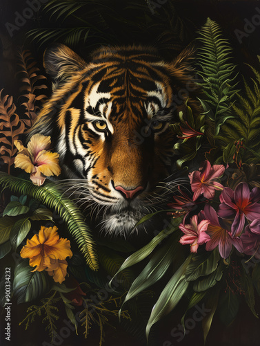 Oil painting of a tiger in the jungle, surrounded by flowers