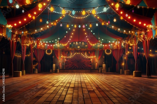 A circus tent with a red and gold color scheme. Stage background