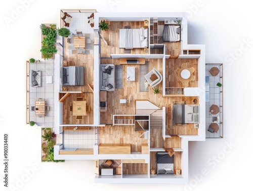 A floor plan of a house with a lot of wood and a balcony. The house has four bedrooms and three bathrooms