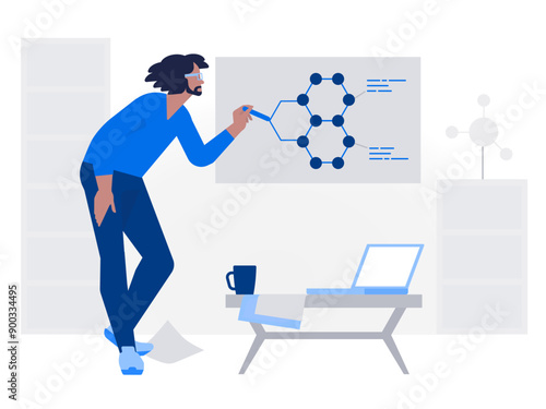 Scientist creates a formula of a substance on a blackboard