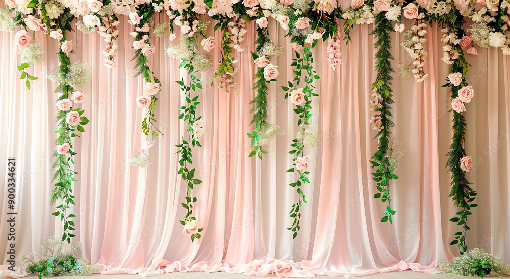 Elegant wedding decorations with lush floral arrangements and draped fabric backdrops in pastel and white tones, creating a romantic and luxurious atmosphere Elegant wedding decorations with lush floral arrangements and draped fabric backdrops in pastel and white tones, creating a romantic and luxurious atmosphere