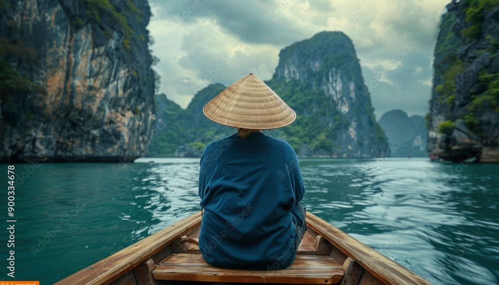 A Person in a Conical Hat Traveling by Boat Through a Bay A Person in a Conical Hat Traveling by Boat Through a Bay