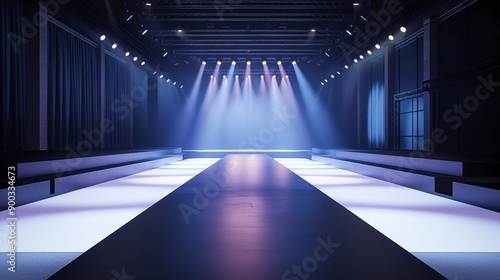 A runway with a blue backdrop and lights shining on it. Stage background