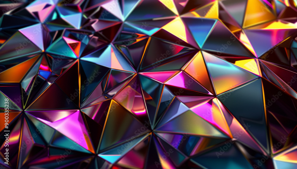 A closeup view of iridescent metallic triangles creating a geometric abstract pattern A closeup view of iridescent metallic triangles creating a geometric abstract pattern