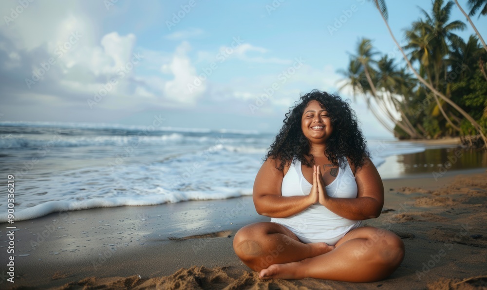 Woman Meditating on a Sandy Beach with Ocean Waves