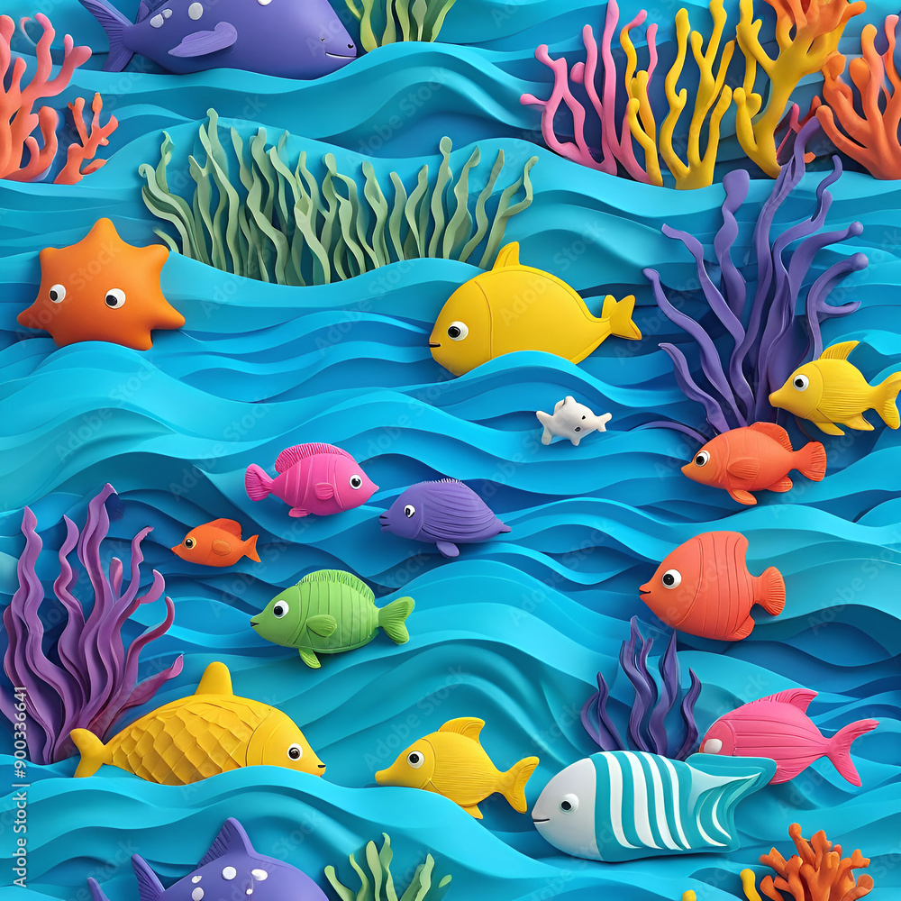 Naklejka premium 3D Cartoon Under the Sea with Fish and Coral