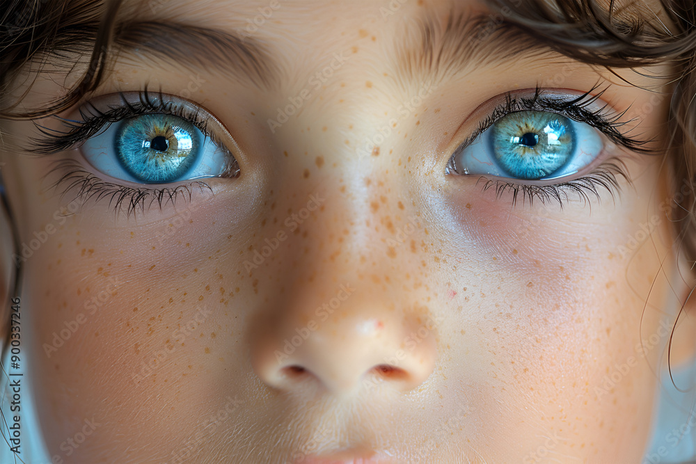 Naklejka premium Close up baby girl eye photo. Caucasian kid child girl eye macro nature beauty blue color iris and brown hair. Look to the camera close view portrait photo.