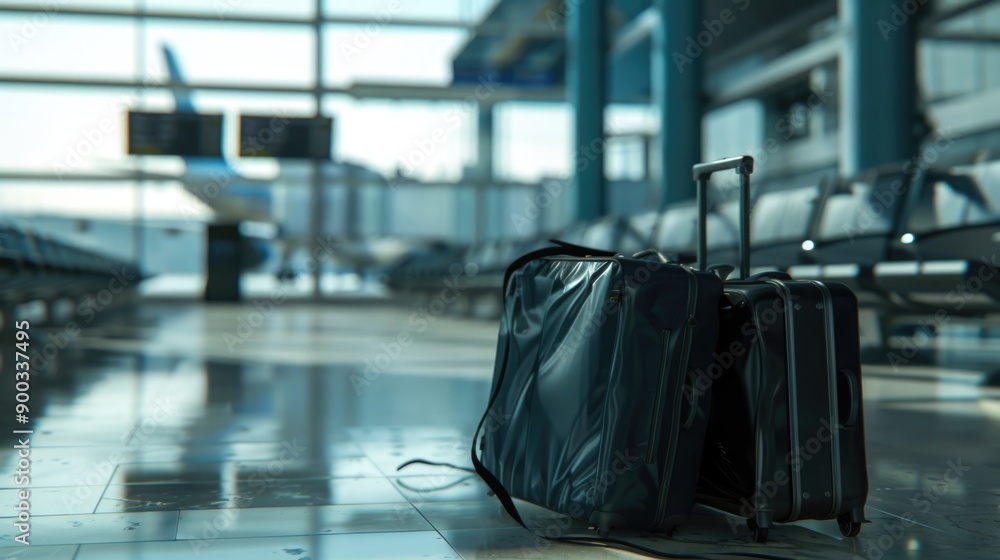 Obraz premium A pair of suitcases resting on a tiled floor, often used in travel or moving scenarios