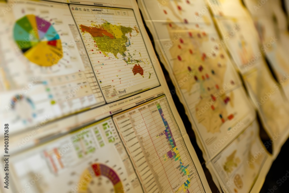 bunch of papers with different colored circles, Arecharts showing the distribution of resources or expenses bunch of papers with different colored circles, Arecharts showing the distribution of resources or expenses