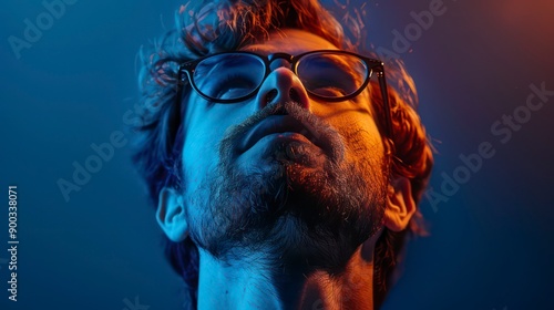 A nerdy guy with glasses smiles against a dark blue background, showcasing his unique personality and style with a friendly expression. photo