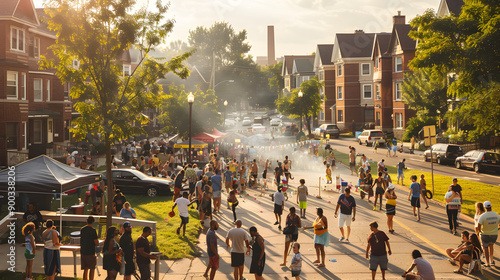 Vibrant street filled with diverse residents enjoying music, food, and games at block party.