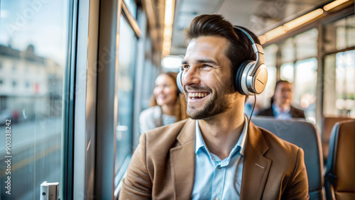 Businessman listening to music with headphones in a bus. Business people traveling by bus.