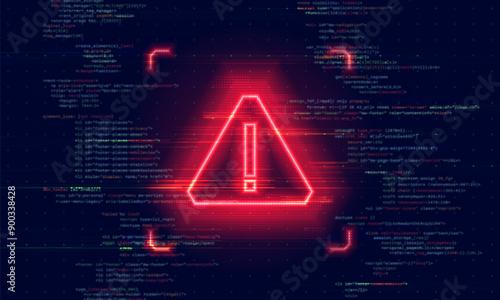 Danger sign. Hacked system or cyber attack. Warning symbol on the screen. Vector illustration.