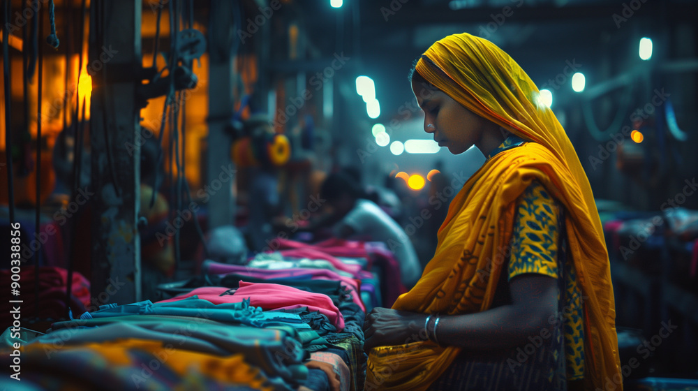 Obraz premium Woman examining colorful fabrics at night market.
