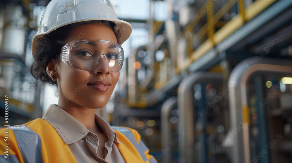 Confident female engineer in a safety helmet and vest at an industrial plant. Confident female engineer in a safety helmet and vest at an industrial plant.