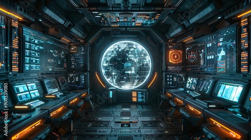 Fototapeta Naklejka Na Ścianę i Meble -  Futuristic spaceship bridge with Earth globe in view.