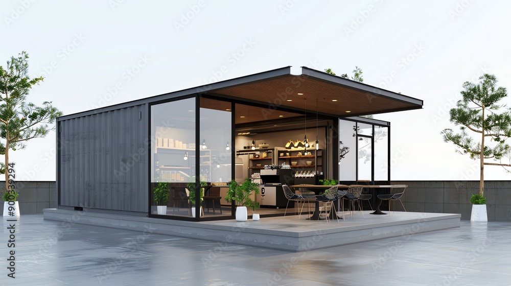 A modern shipping container home or cafe with large glass windows and a wood deck surrounded by trees. A modern shipping container home or cafe with large glass windows and a wood deck surrounded by trees.