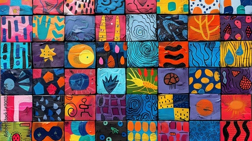 vector, illustration, Set of Groovy square posters, funky seamless pattern, 70s-90s stickers . Retro print with hippie motivational slogan. Crazy characters of old technologies, fun symbols