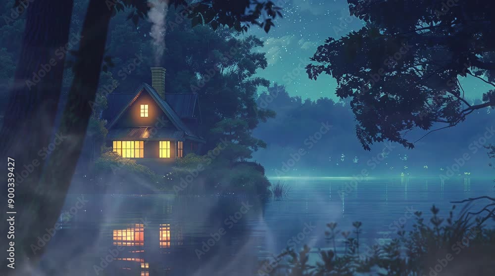 Wooden house beside a gently flowing river in a fantasy forest at night ...