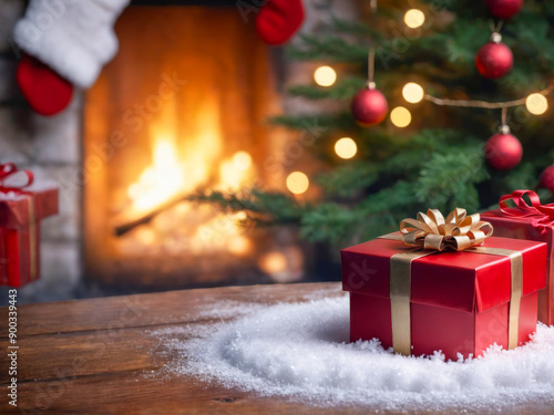 Christmas Presents With Fireplace and Christmas Tree in Background.