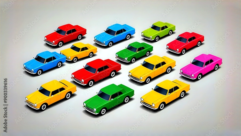 Naklejka premium A collection of colorful toy cars in an isometric view.