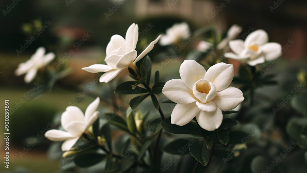 Obraz premium Minimalist white gardenia flowers with a soft green garden background, perfect for luxury wedding greeting cards and formal themes. 