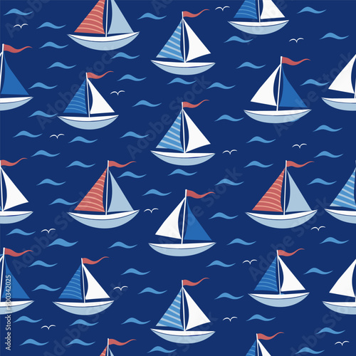 Seamless nautical pattern with sailboats. Cartoon style vector illustration. Summer marine background.