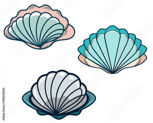 Set of hand drawn colorful seashells. Cartoon style vector illustration.