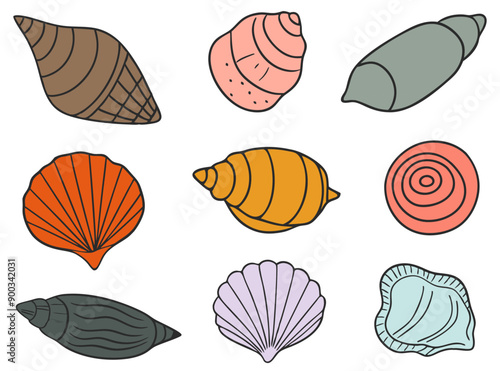 Set of hand drawn colorful seashells. Cartoon style vector illustration.