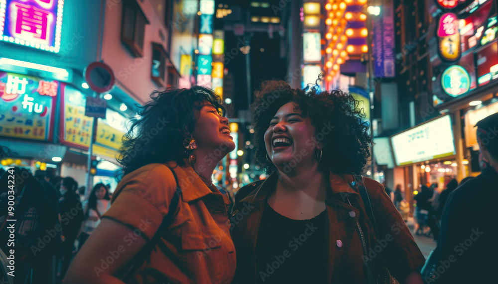 Obraz premium Two Friends Laughing in a Vibrant Night Market
