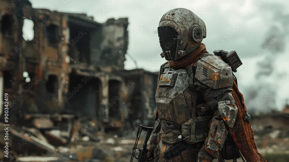 rugged character in a desolate, post-apocalyptic landscape, wearing makeshift armor and carrying scavenged weapons, with a backdrop of ruined buildings. rugged character in a desolate, post-apocalyptic landscape, wearing makeshift armor and carrying scavenged weapons, with a backdrop of ruined buildings.