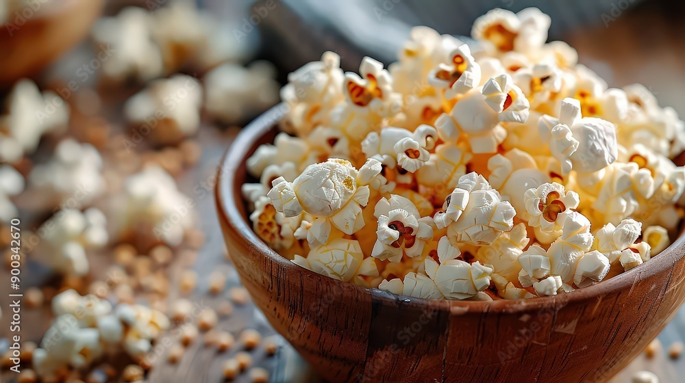 wooden bowl filled with freshly popped popcorn, surrounded by scattered kernels on a rustic table, evoking a cozy and casual snack moment. wooden bowl filled with freshly popped popcorn, surrounded by scattered kernels on a rustic table, evoking a cozy and casual snack moment.