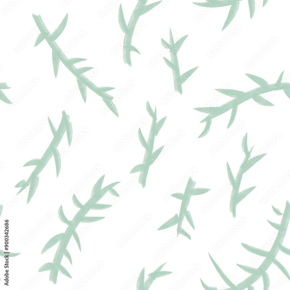 Obraz premium Seamless abstract botanical pattern. Simple background with green, white texture. Digital brush strokes. Plants. Design for textile fabrics, wrapping paper, background, wallpaper, cover.