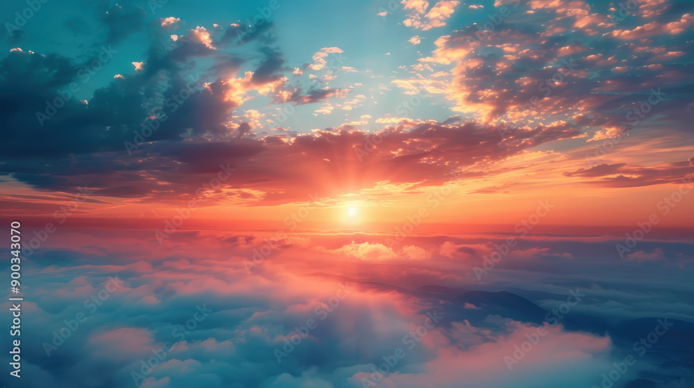 Dramatic sky ablaze with orange, red, and blue hues as sun dips below ocean horizon Dramatic sky ablaze with orange, red, and blue hues as sun dips below ocean horizon