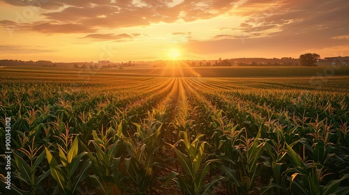 Fototapeta Naklejka Na Ścianę i Meble -   vast cornfield bathed in the golden light of sunrise, with rows of corn plants stretching into the horizon.
