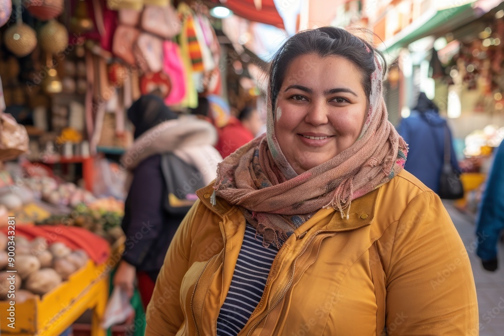 Woman Smiling in a Market Stall Setting Woman Smiling in a Market Stall Setting